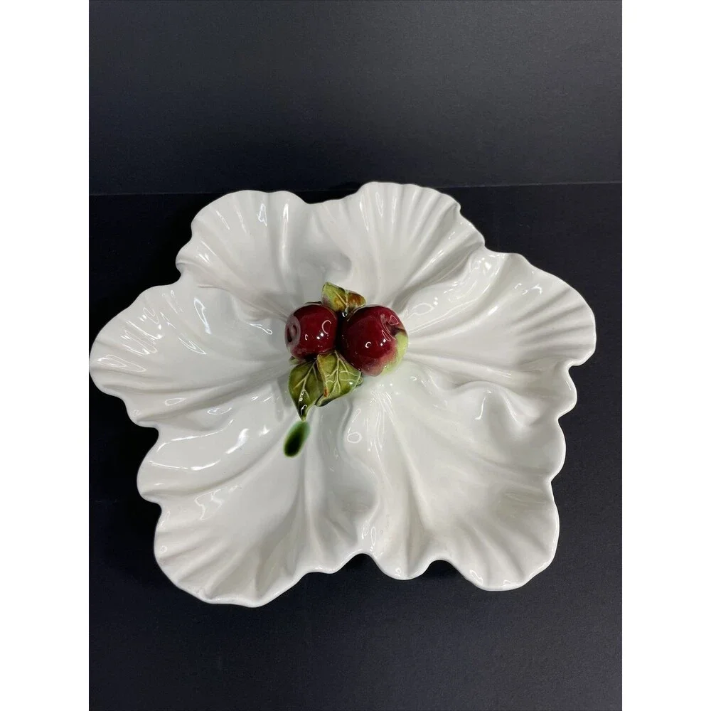 California Pottery Off White Red Apple Green Divided Dish